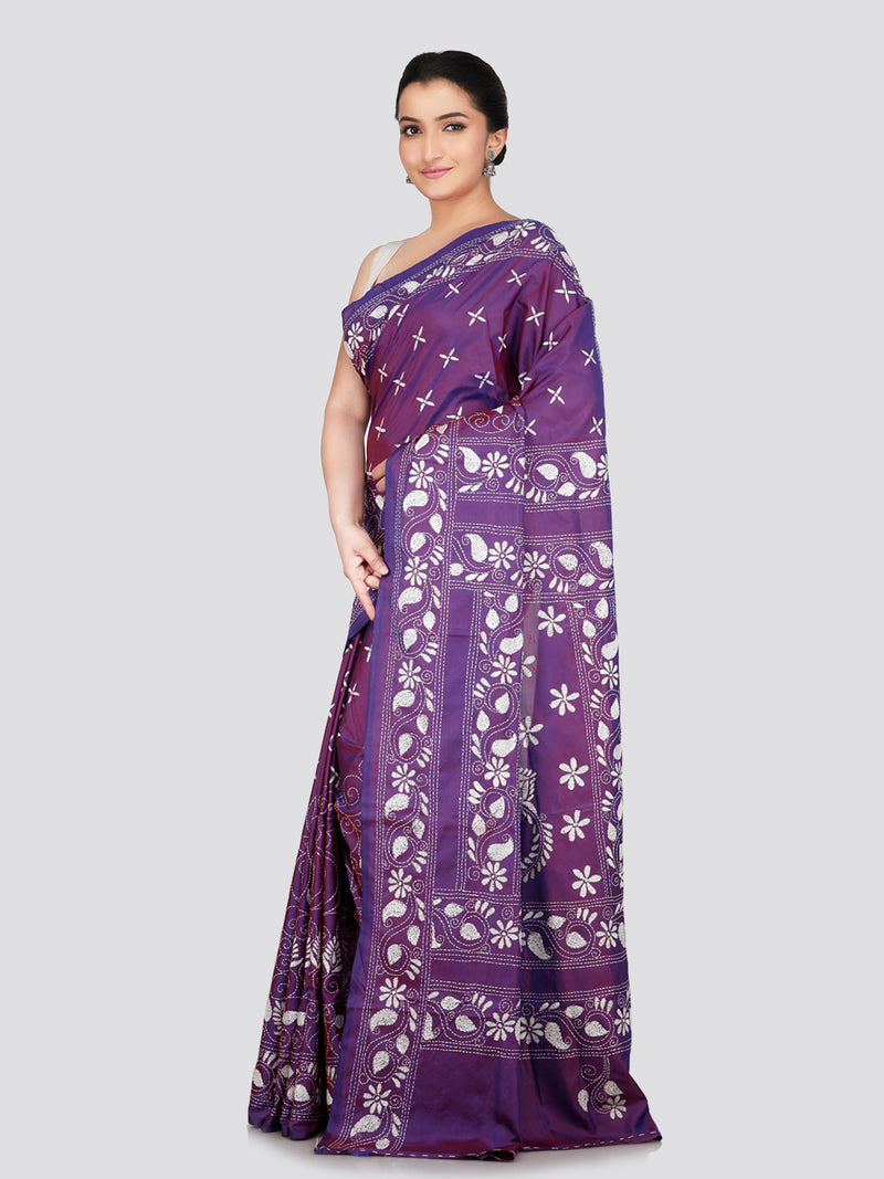 PinkLoom Women's Purple Embroidered Kantha Work Silk Saree