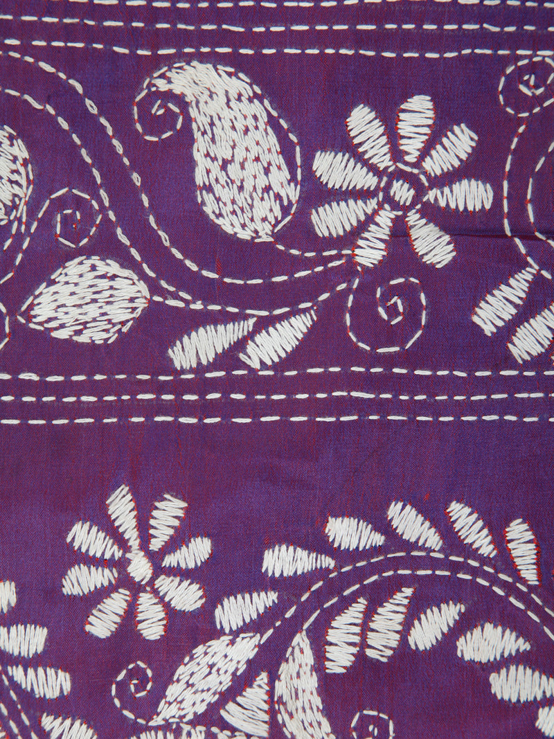 PinkLoom Women's Purple Embroidered Kantha Work Silk Saree