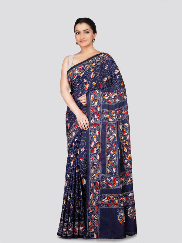 PinkLoom Women's Blue Embroidered Kantha Work Silk Saree