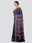 PinkLoom Women's Blue Embroidered Kantha Work Silk Saree