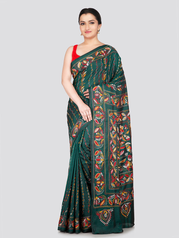 PinkLoom Women's Green Embroidered Kantha Work Silk Saree