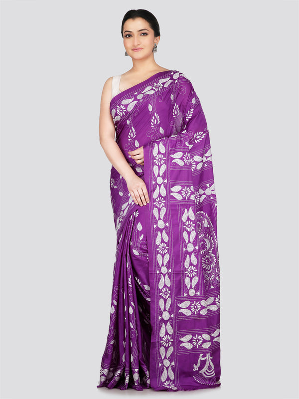 PinkLoom Women's Purple Embroidered Kantha Work Silk Saree