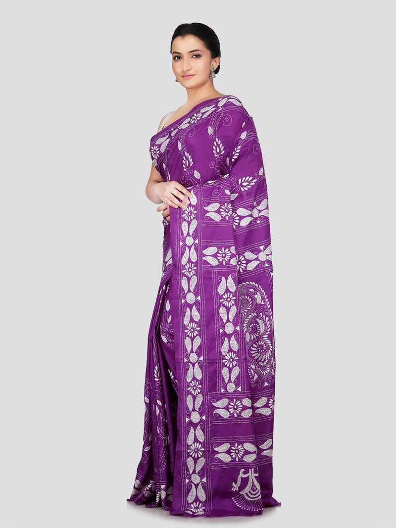 PinkLoom Women's Purple Embroidered Kantha Work Silk Saree