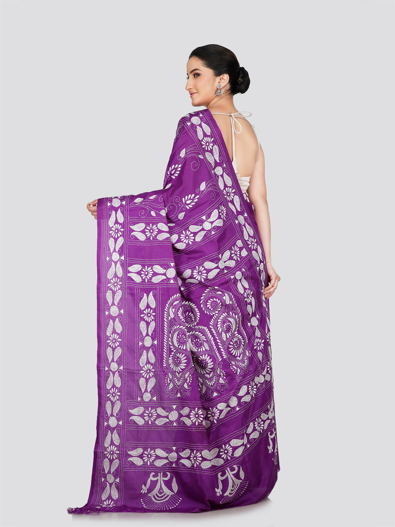 PinkLoom Women's Purple Embroidered Kantha Work Silk Saree