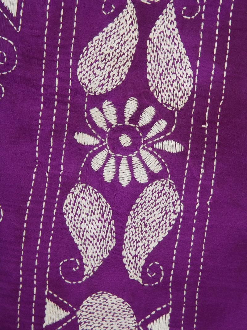 PinkLoom Women's Purple Embroidered Kantha Work Silk Saree