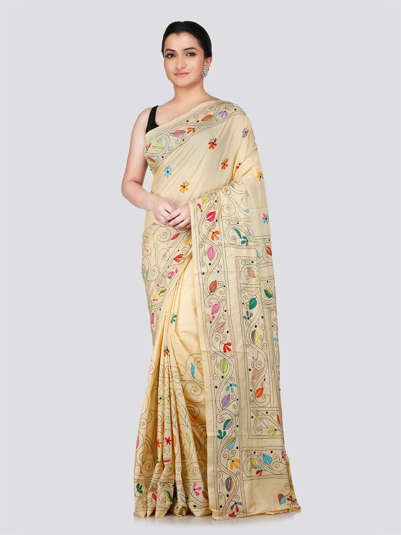 PinkLoom Women's Beige Embroidered Kantha Work Silk Saree