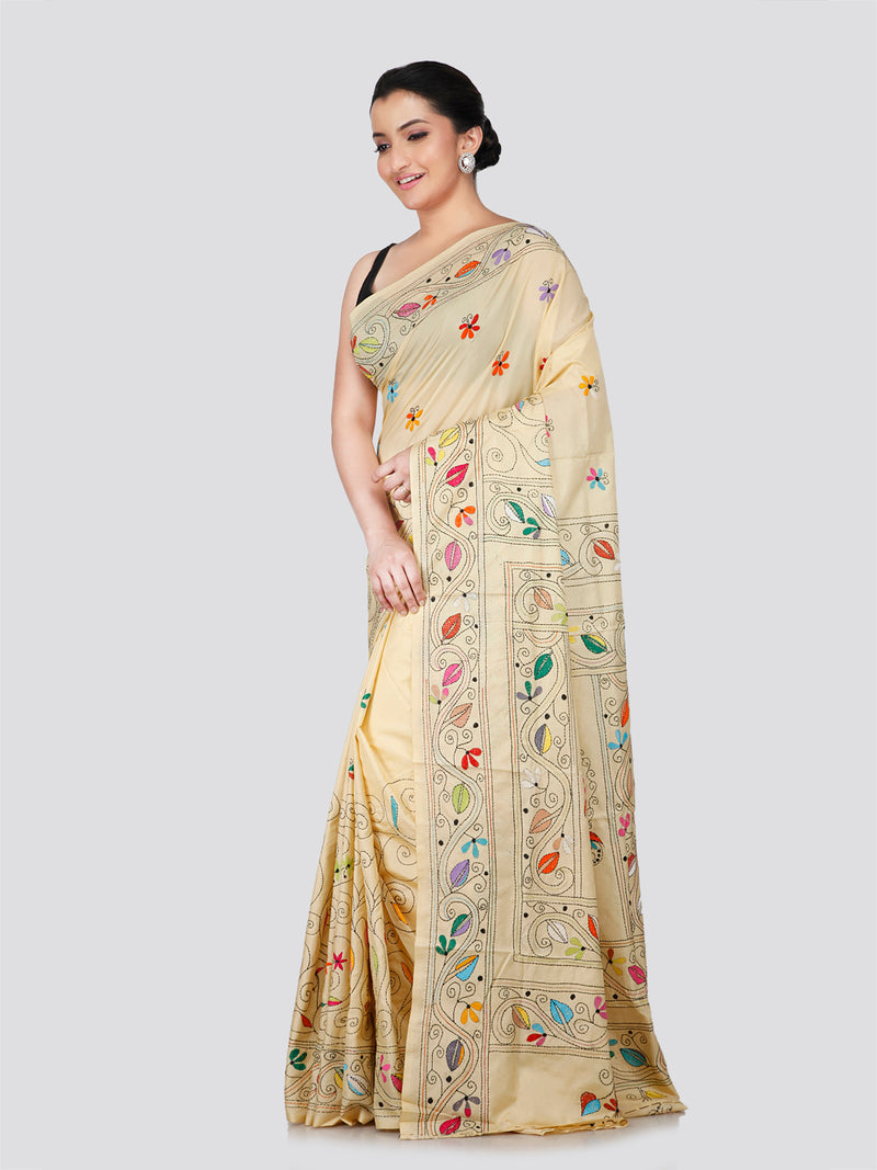 PinkLoom Women's Beige Embroidered Kantha Work Silk Saree