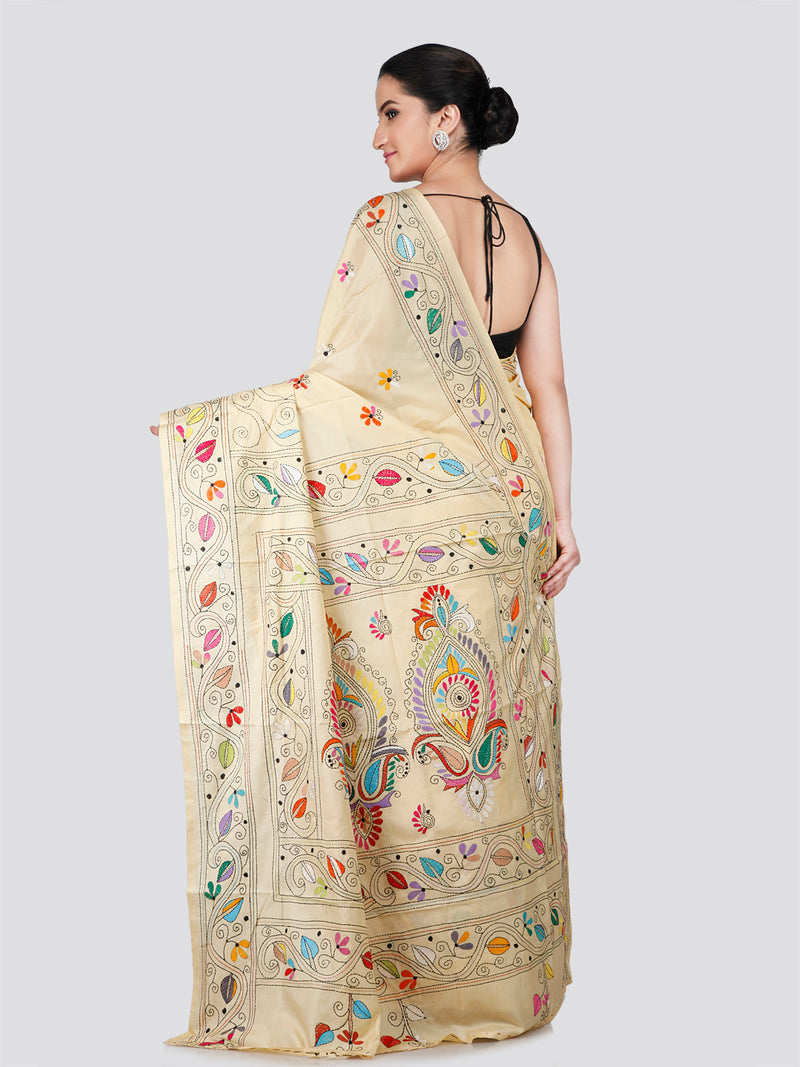 PinkLoom Women's Beige Embroidered Kantha Work Silk Saree