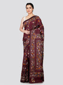 PinkLoom Women's Maroon Embroidered Kantha Work Silk Saree