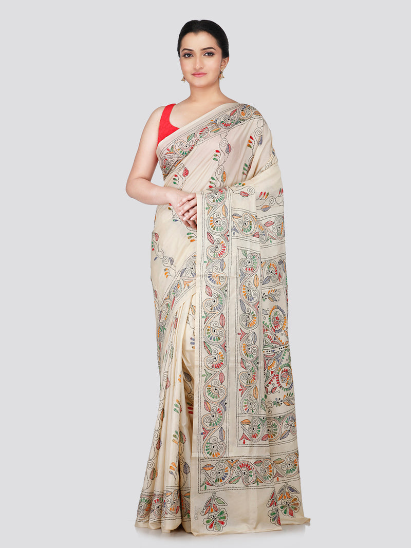 PinkLoom Women's Beige Embroidered Kantha Work Silk Saree