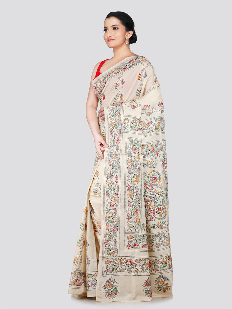 PinkLoom Women's Beige Embroidered Kantha Work Silk Saree