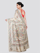 PinkLoom Women's Beige Embroidered Kantha Work Silk Saree