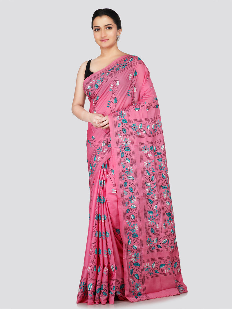 PinkLoom Women's Pink Embroidered Kantha Work Silk Saree