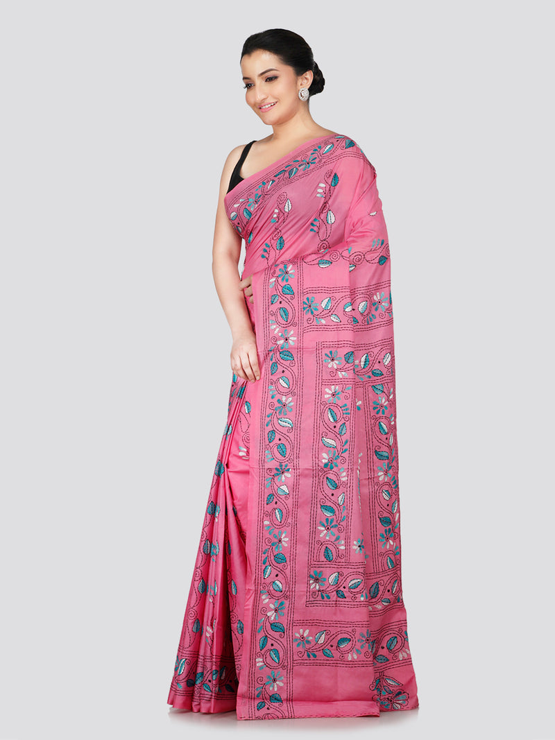 PinkLoom Women's Pink Embroidered Kantha Work Silk Saree