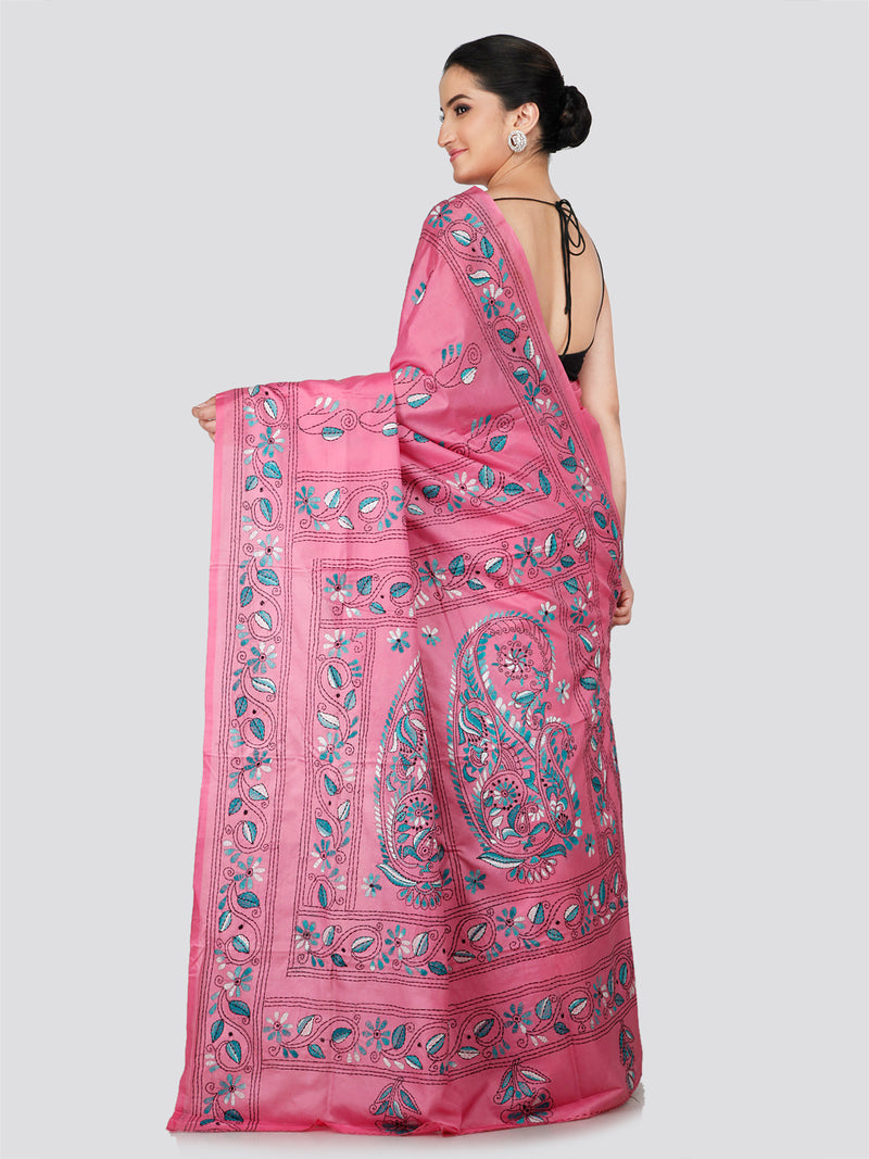 PinkLoom Women's Pink Embroidered Kantha Work Silk Saree