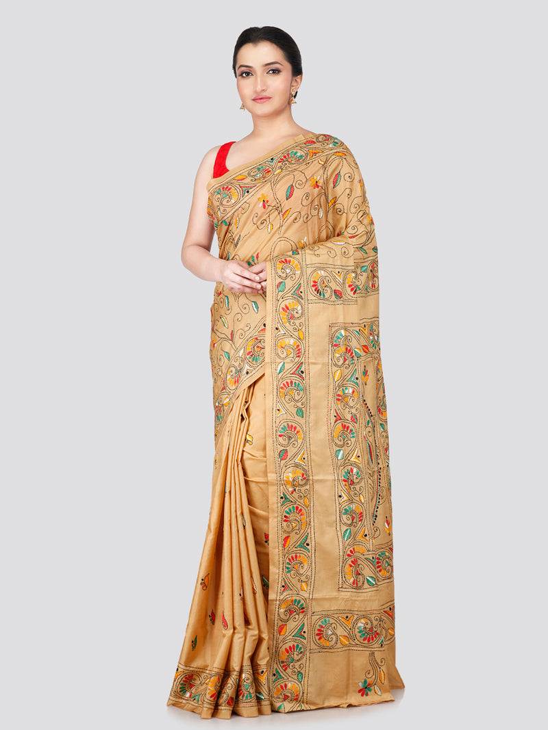 PinkLoom Women's Beige Embroidered Kantha Work Silk Saree