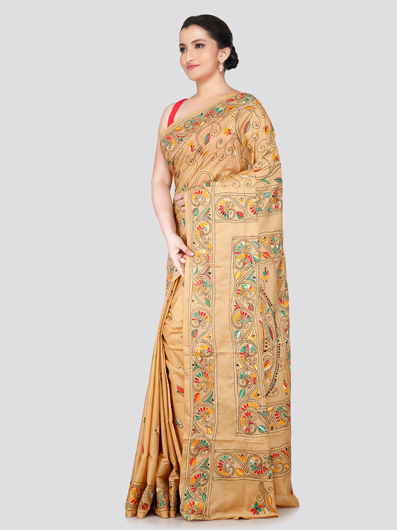 PinkLoom Women's Beige Embroidered Kantha Work Silk Saree