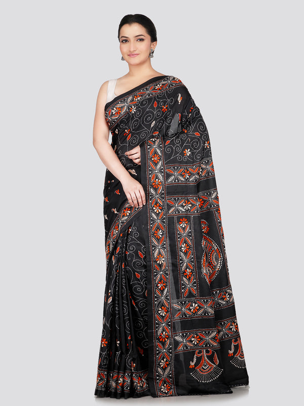 PinkLoom Women's Black Embroidered Kantha Work Silk Saree