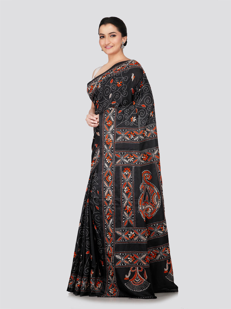 PinkLoom Women's Black Embroidered Kantha Work Silk Saree