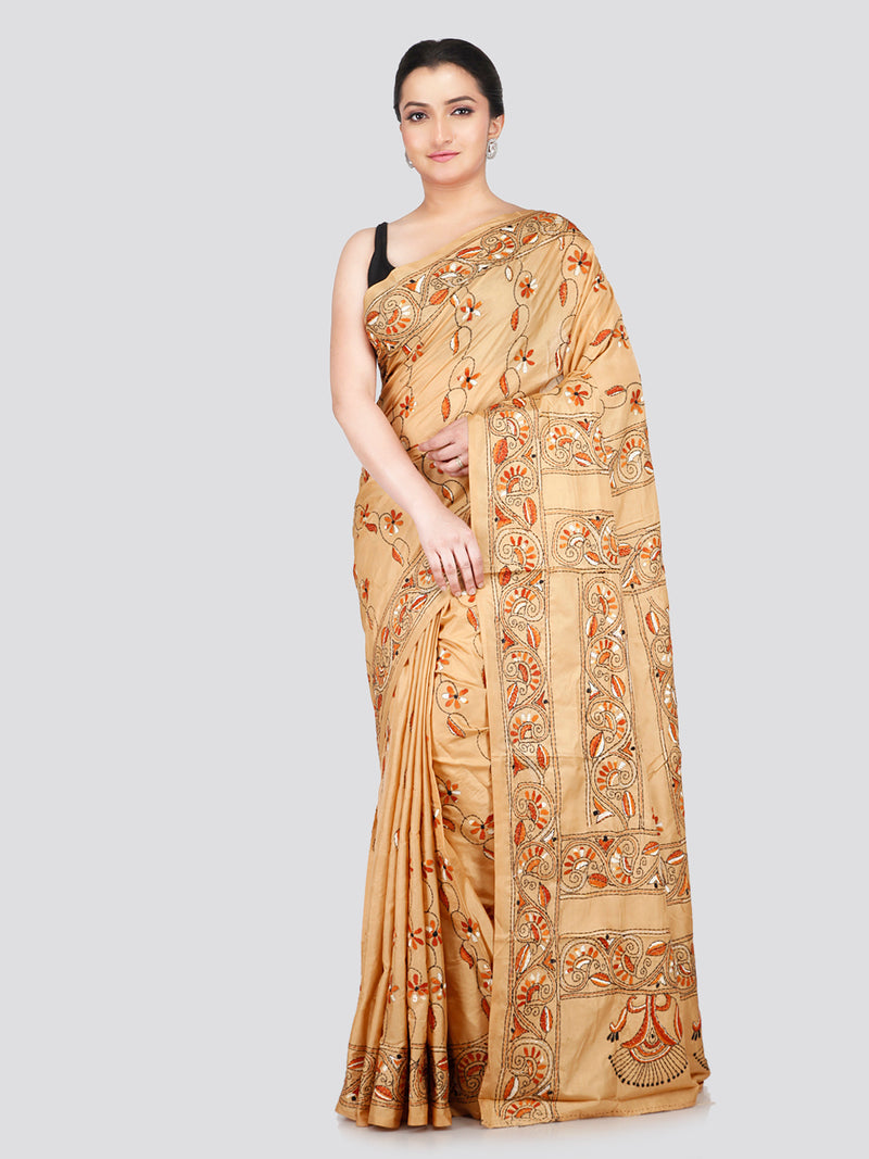 PinkLoom Women's Beige Embroidered Kantha Work Silk Saree