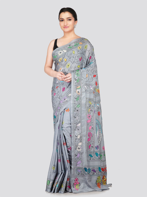 PinkLoom Women's Grey Embroidered Kantha Work Silk Saree