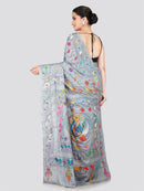 PinkLoom Women's Grey Embroidered Kantha Work Silk Saree