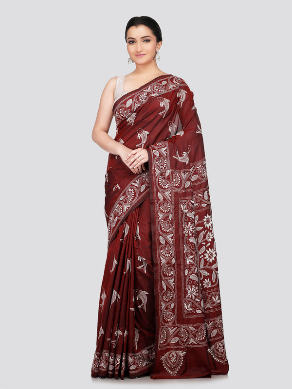 PinkLoom Women's Maroon Embroidered Kantha Work Silk Saree