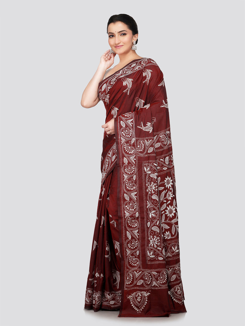 PinkLoom Women's Maroon Embroidered Kantha Work Silk Saree