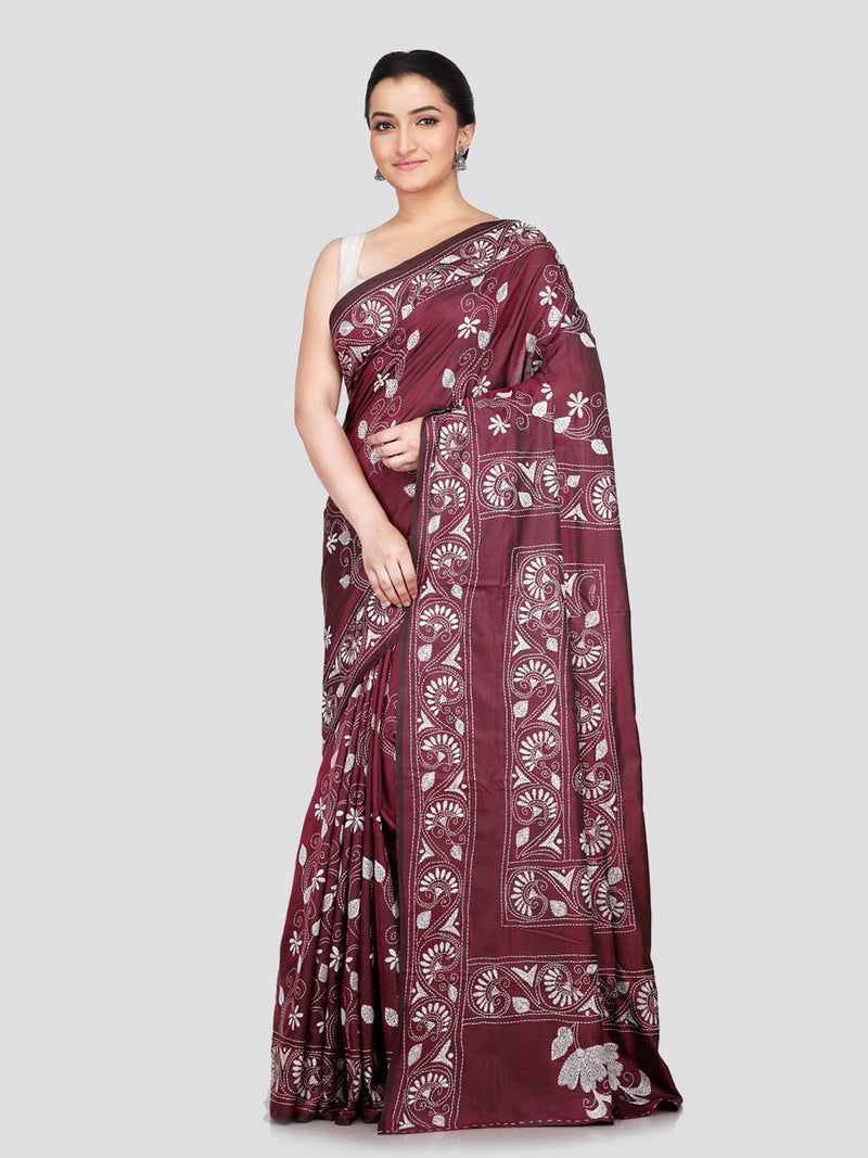 PinkLoom Women's Maroon Embroidered Kantha Work Silk Saree