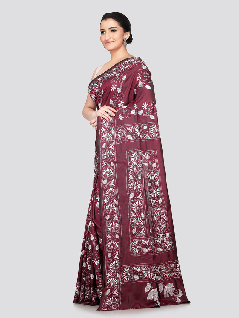 PinkLoom Women's Maroon Embroidered Kantha Work Silk Saree