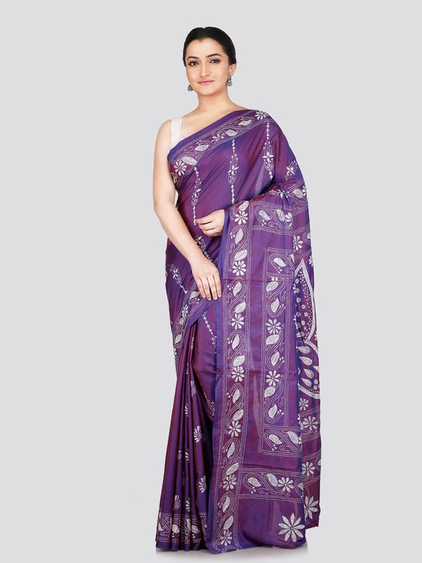 PinkLoom Women's Purple Embroidered Kantha Work Silk Saree