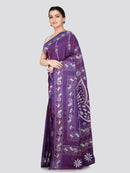 PinkLoom Women's Purple Embroidered Kantha Work Silk Saree