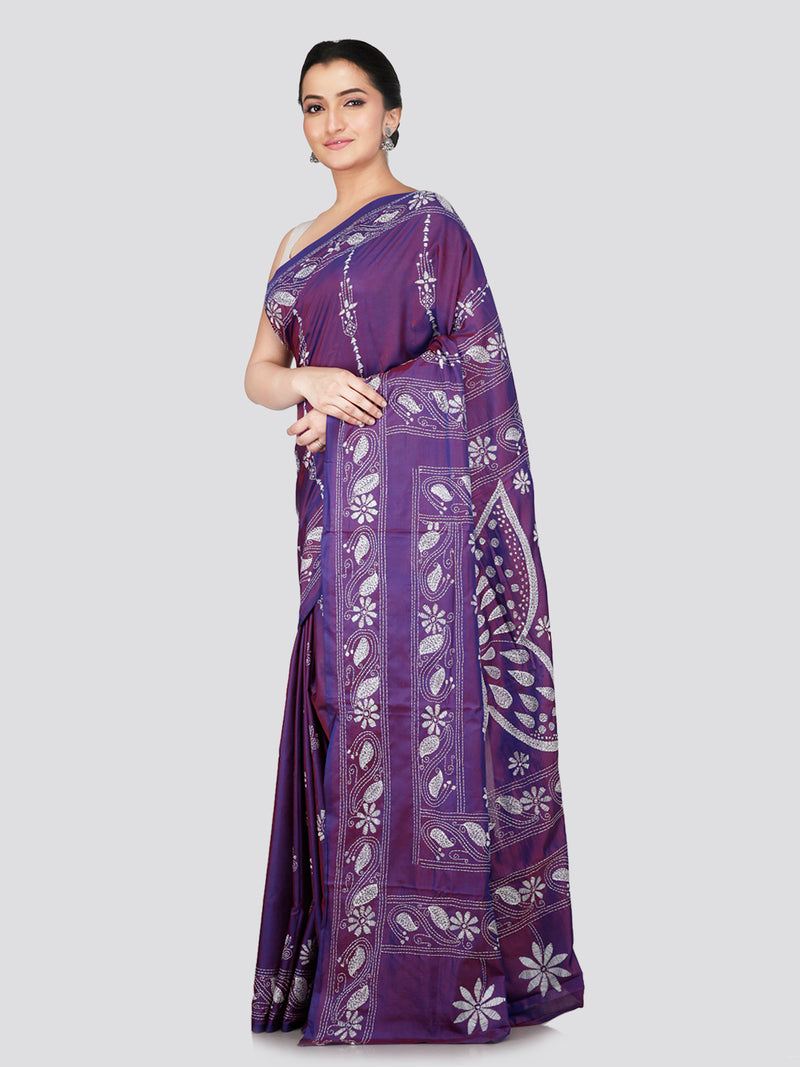 PinkLoom Women's Purple Embroidered Kantha Work Silk Saree