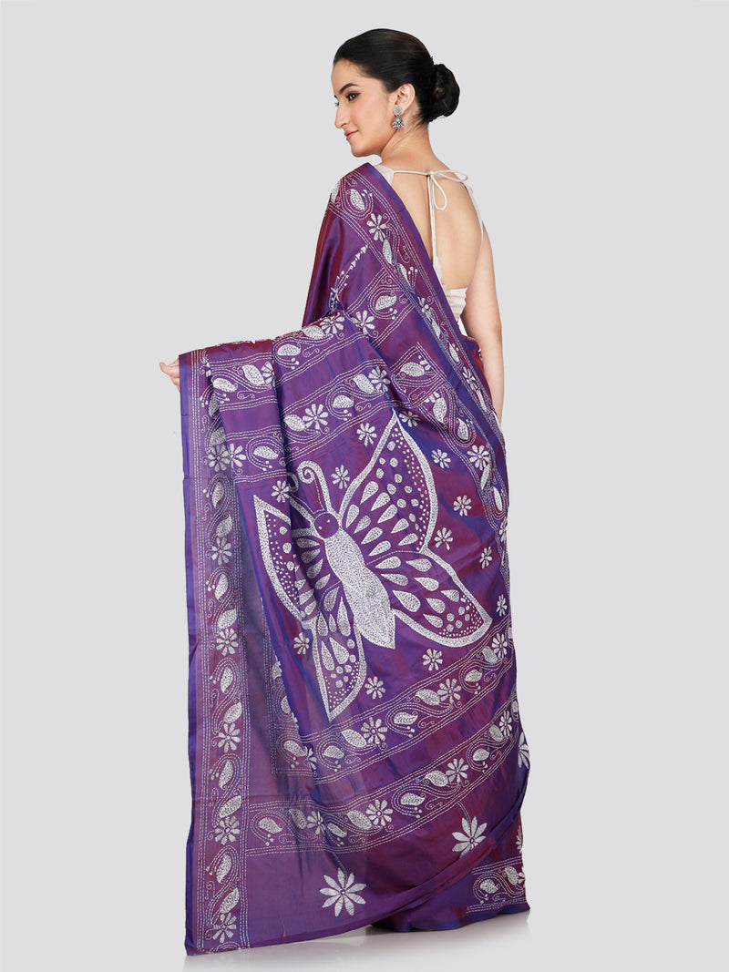 PinkLoom Women's Purple Embroidered Kantha Work Silk Saree