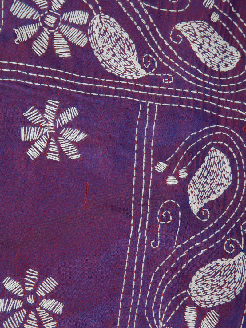 PinkLoom Women's Purple Embroidered Kantha Work Silk Saree