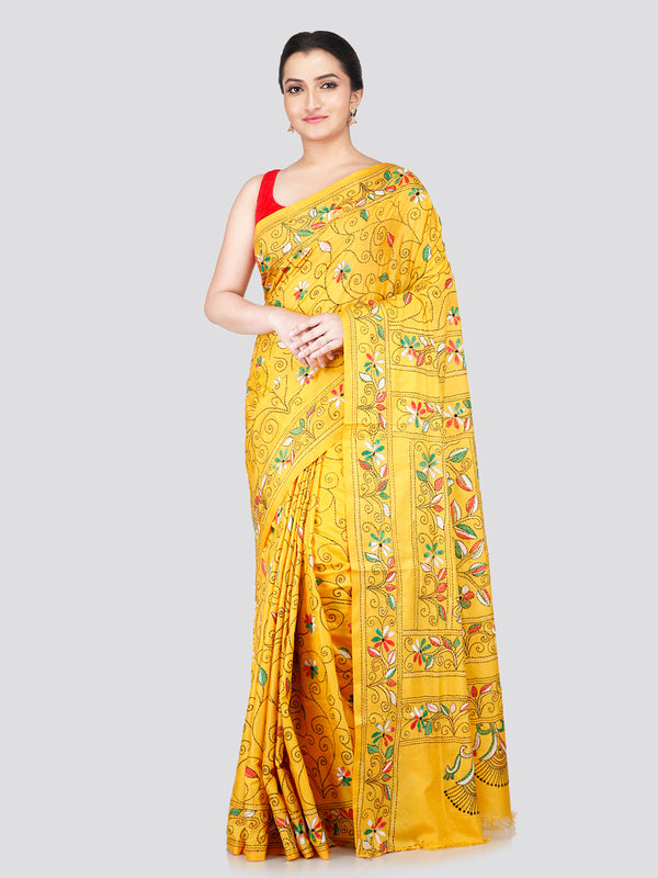 PinkLoom Women's Yellow Embroidered Kantha Work Silk Saree