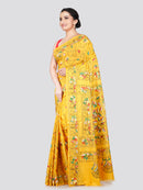 PinkLoom Women's Yellow Embroidered Kantha Work Silk Saree