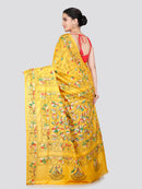 PinkLoom Women's Yellow Embroidered Kantha Work Silk Saree