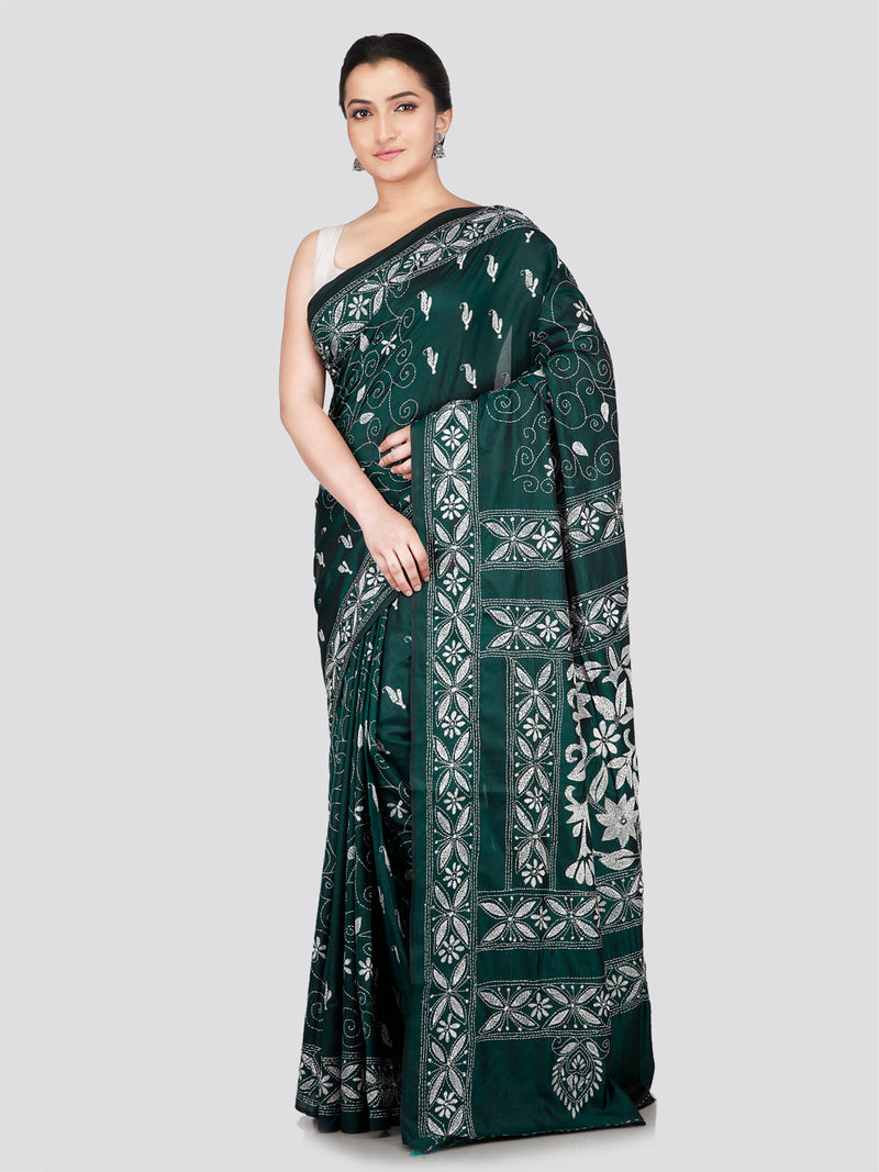 PinkLoom Women's Green Embroidered Kantha Work Silk Saree