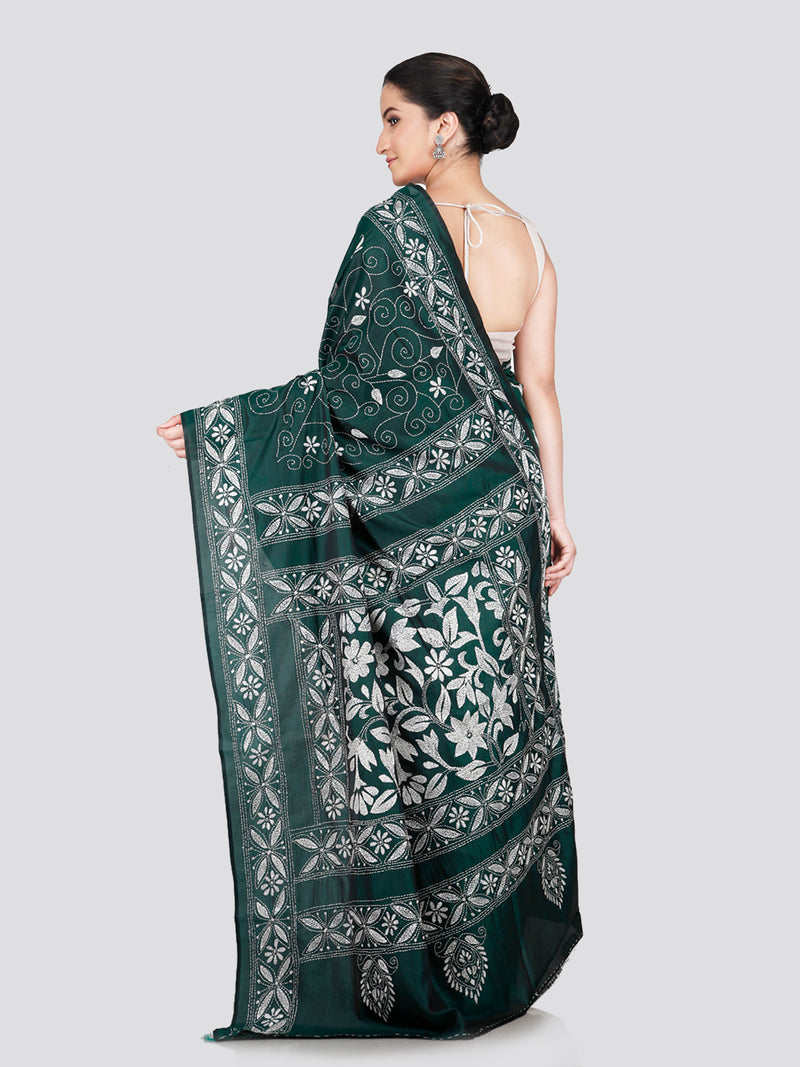 PinkLoom Women's Green Embroidered Kantha Work Silk Saree