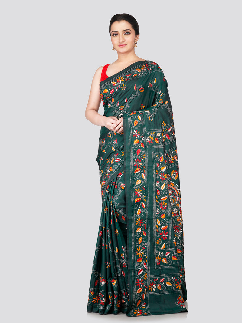 PinkLoom Women's Green Embroidered Kantha Work Silk Saree