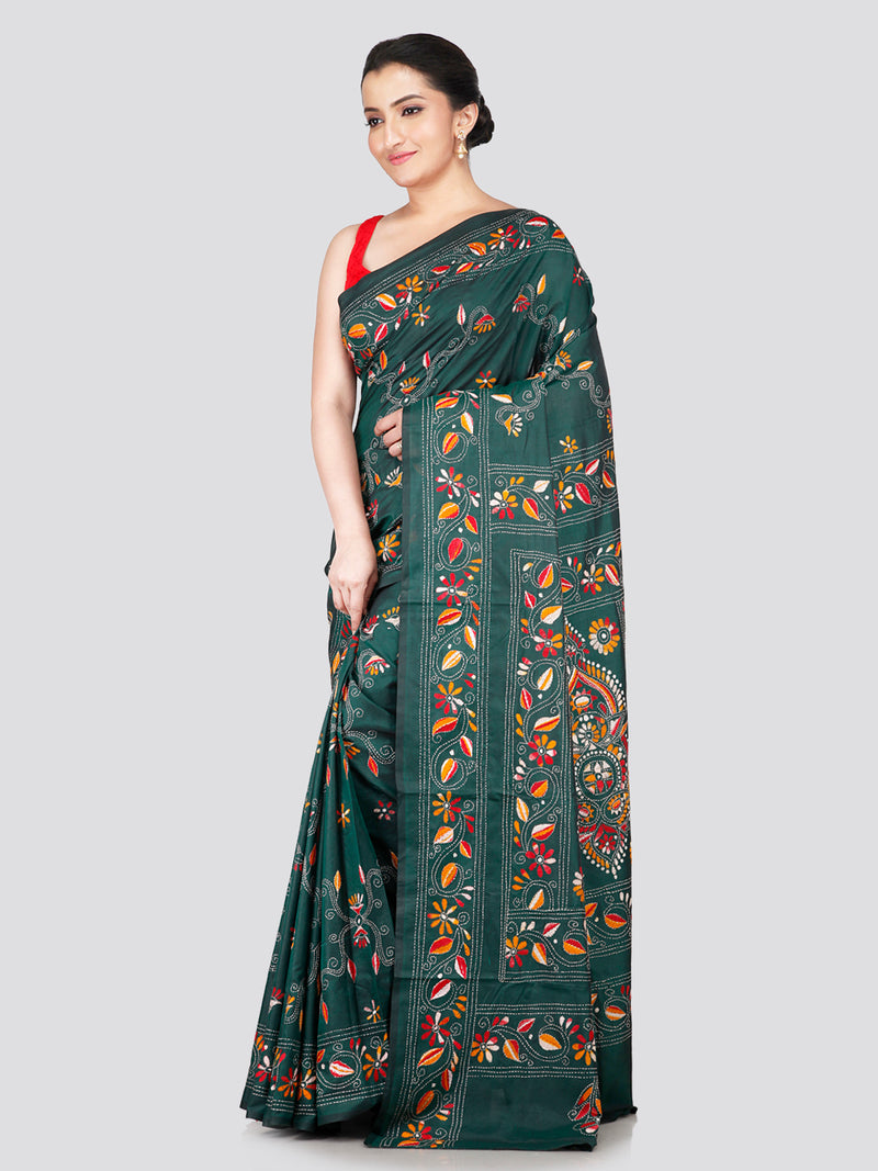 PinkLoom Women's Green Embroidered Kantha Work Silk Saree