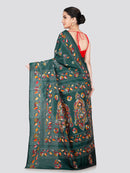 PinkLoom Women's Green Embroidered Kantha Work Silk Saree