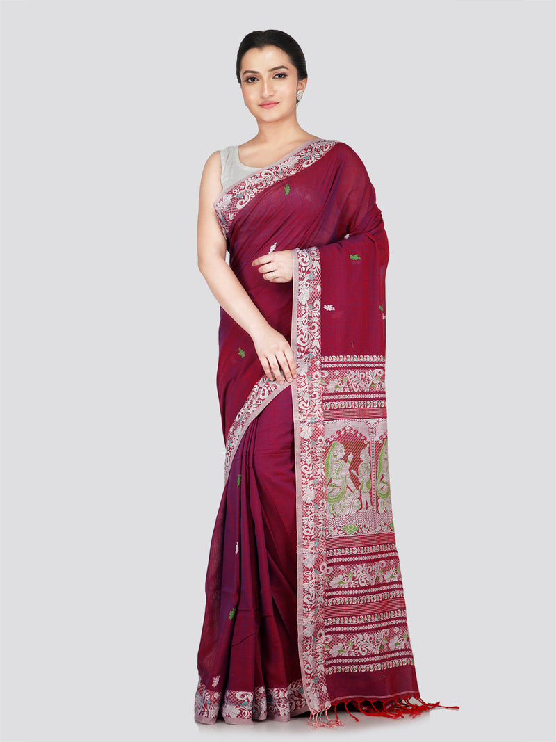 PinkLoom Women's Maroon Cotton Saree