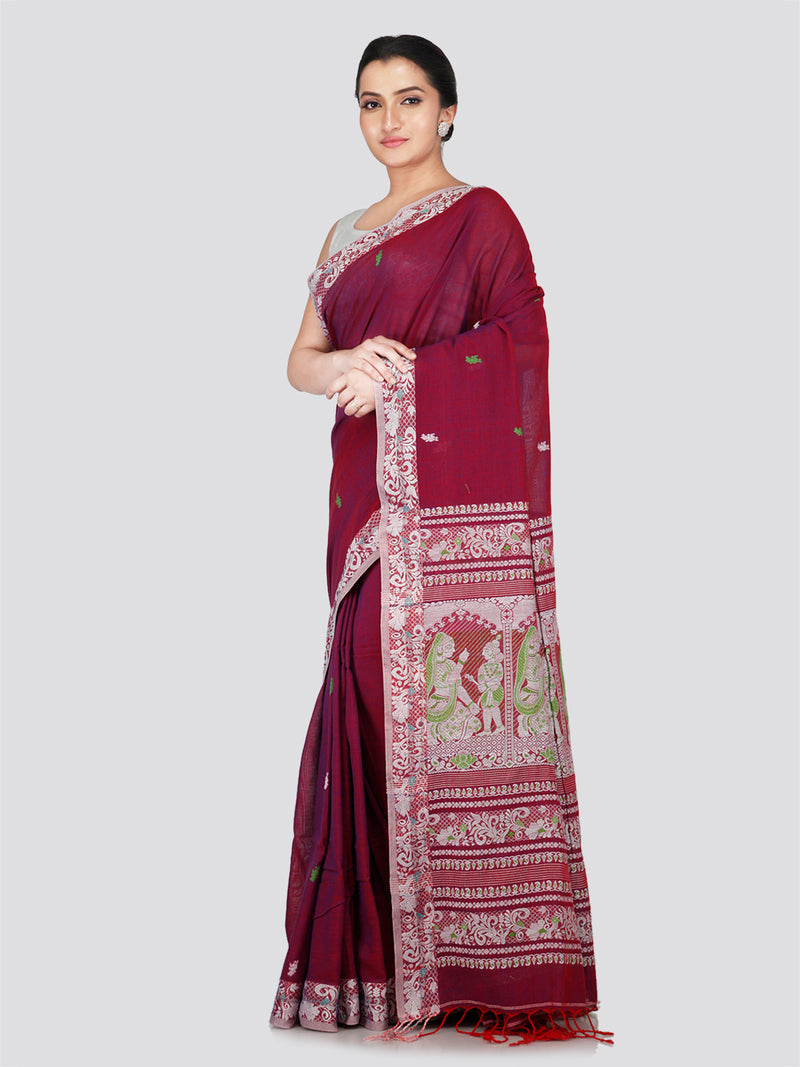 PinkLoom Women's Maroon Cotton Saree