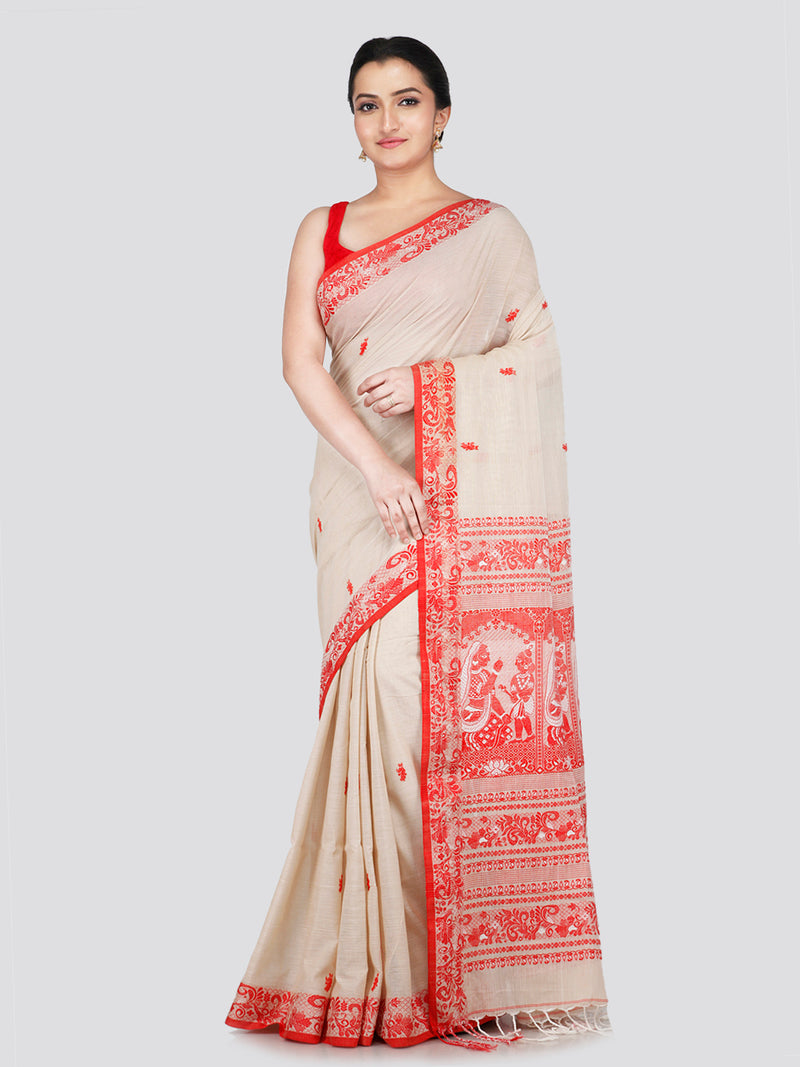 PinkLoom Women's Beige Cotton Saree