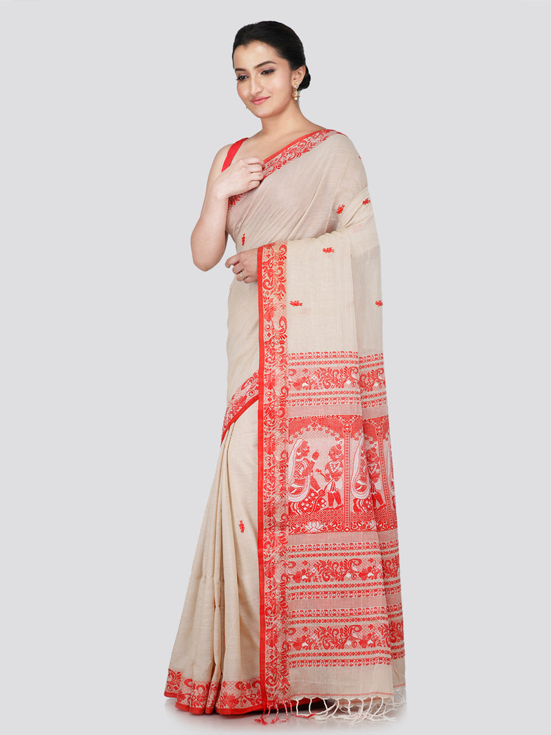 PinkLoom Women's Beige Cotton Saree