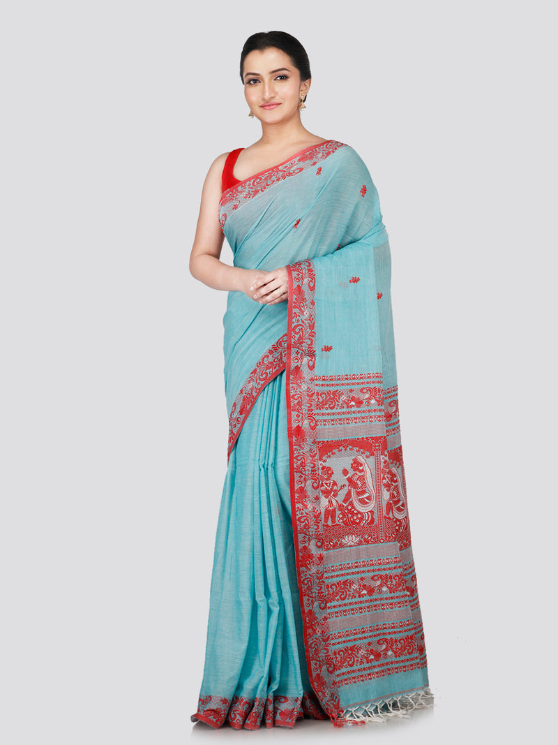 PinkLoom Women's Turquoise Blue Cotton Saree