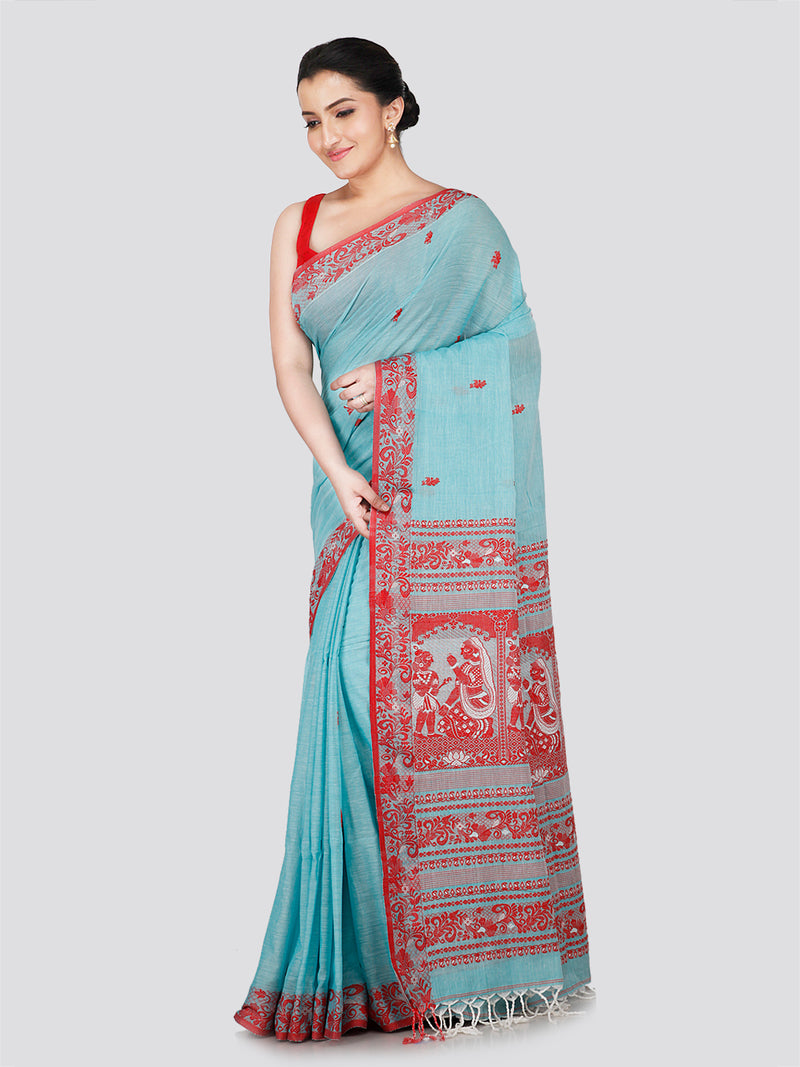 PinkLoom Women's Turquoise Blue Cotton Saree