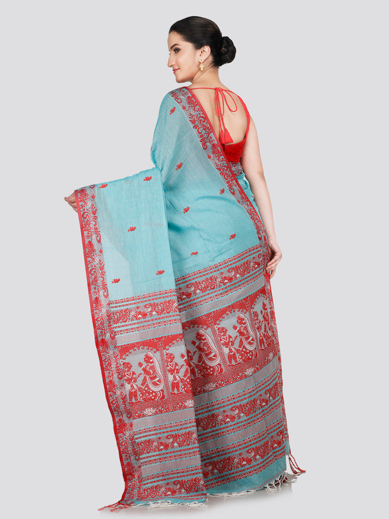 PinkLoom Women's Turquoise Blue Cotton Saree